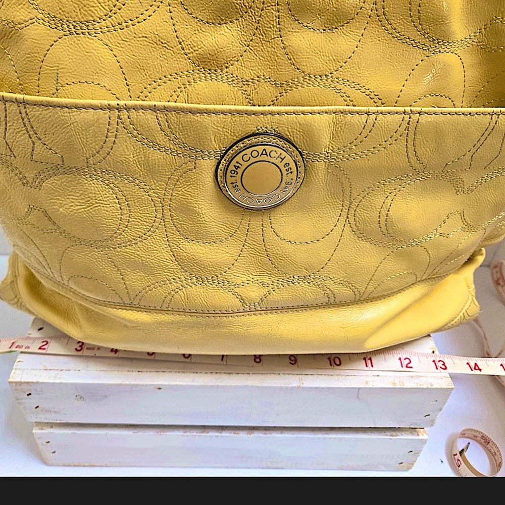 Coach Mustard Yellow Embossed Poly leather Tote,  with lots of life, discounted - Picture 8 of 16